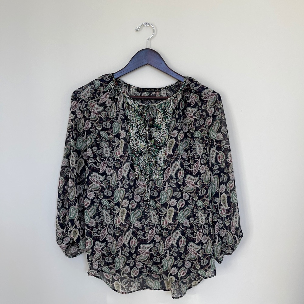 Paisley green and black sheer blouse